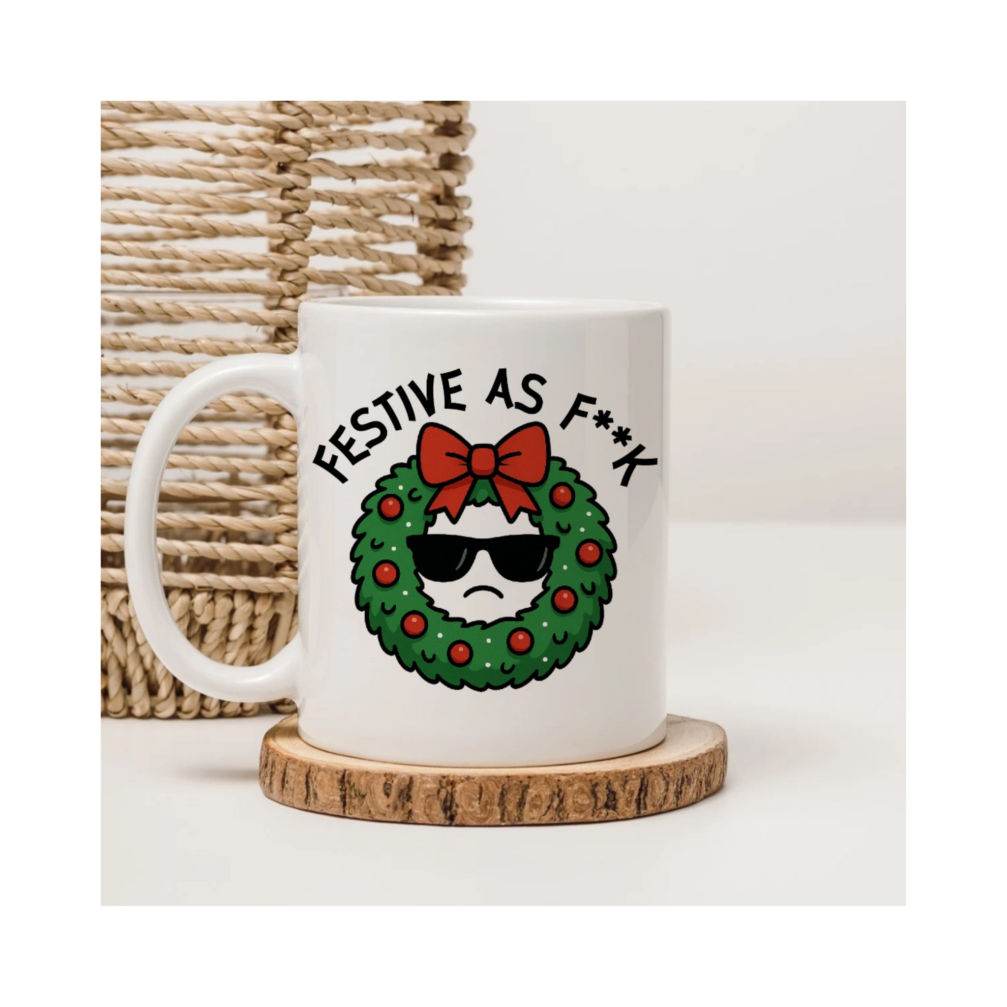 “Festive As Fk” Christmas Wreath Mug – Funny Holiday Cup