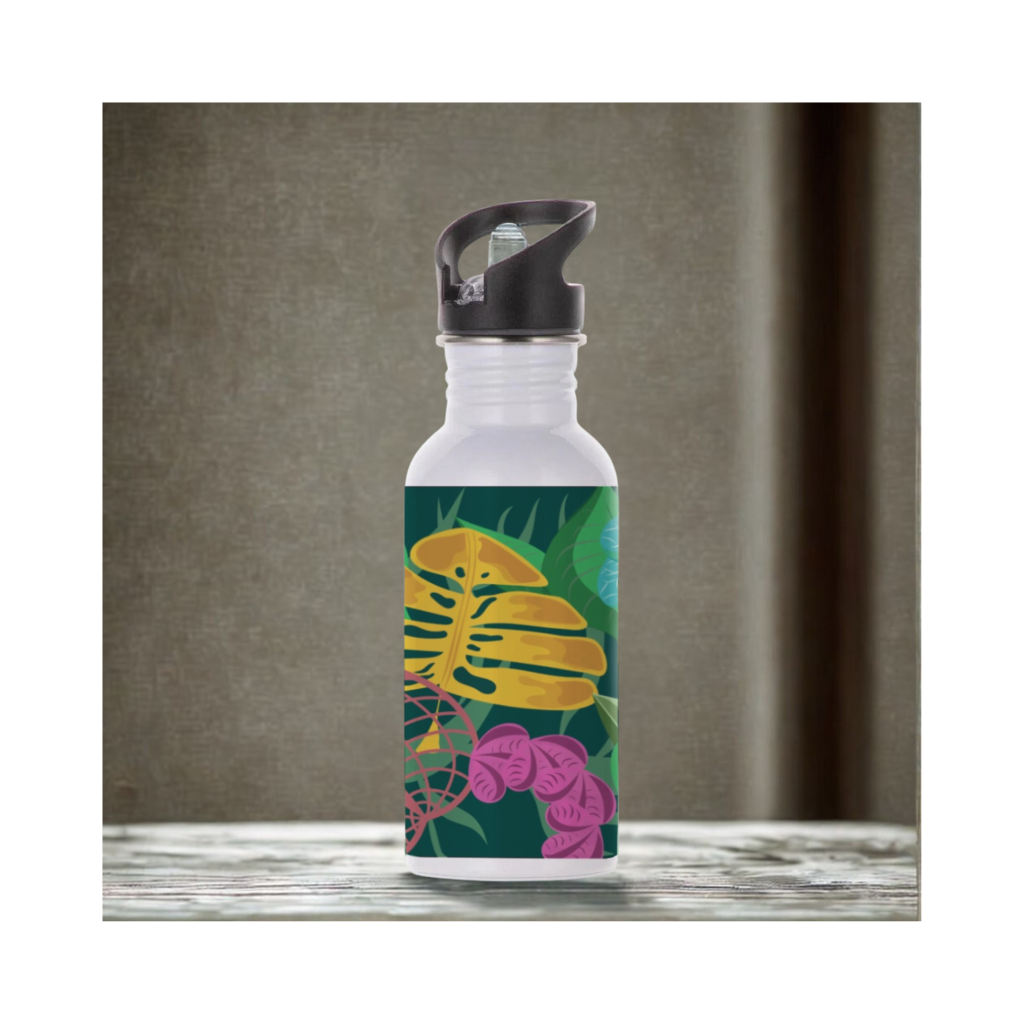 Jungle Floral Aluminium Water Bottle With Straw