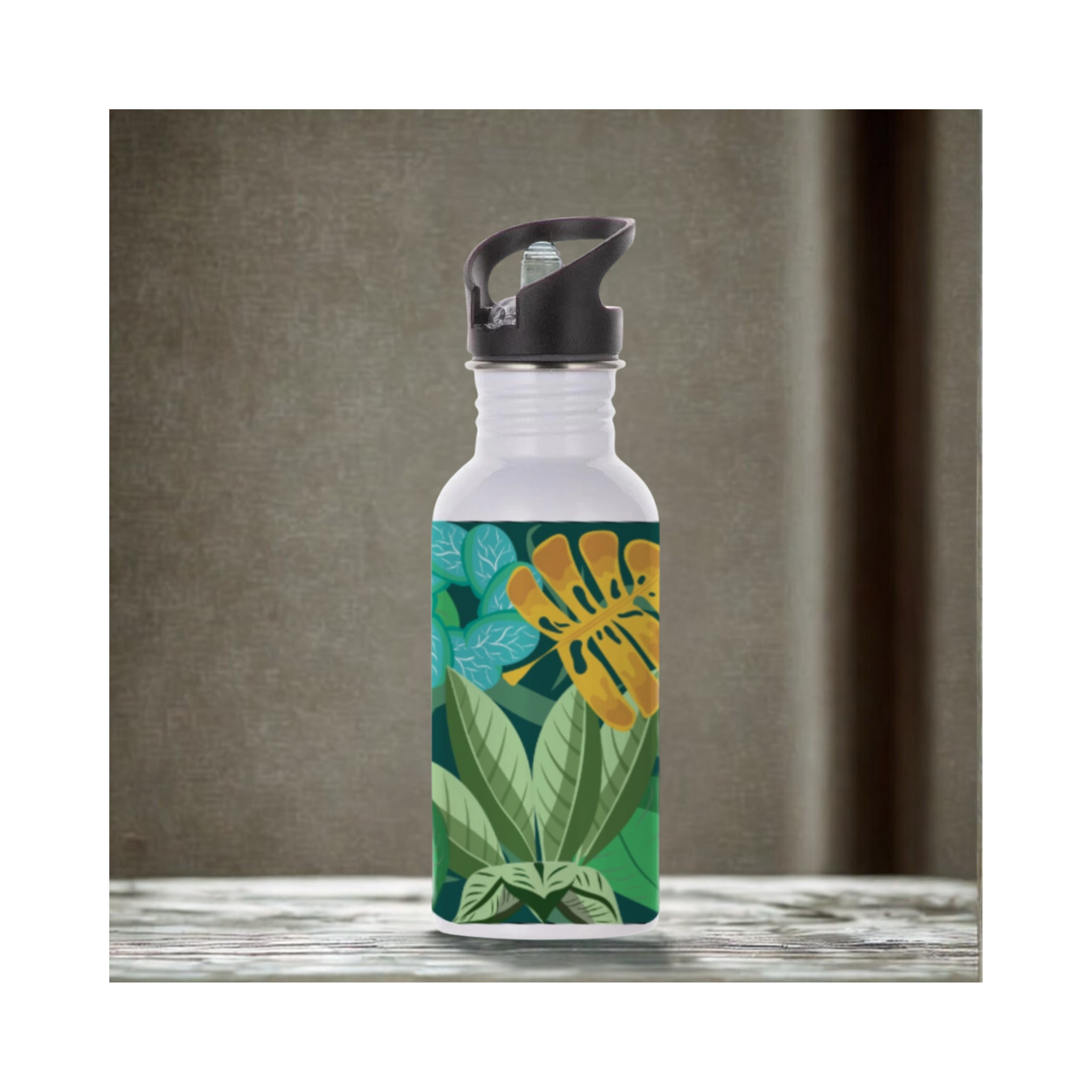 Jungle Floral Aluminium Water Bottle With Straw