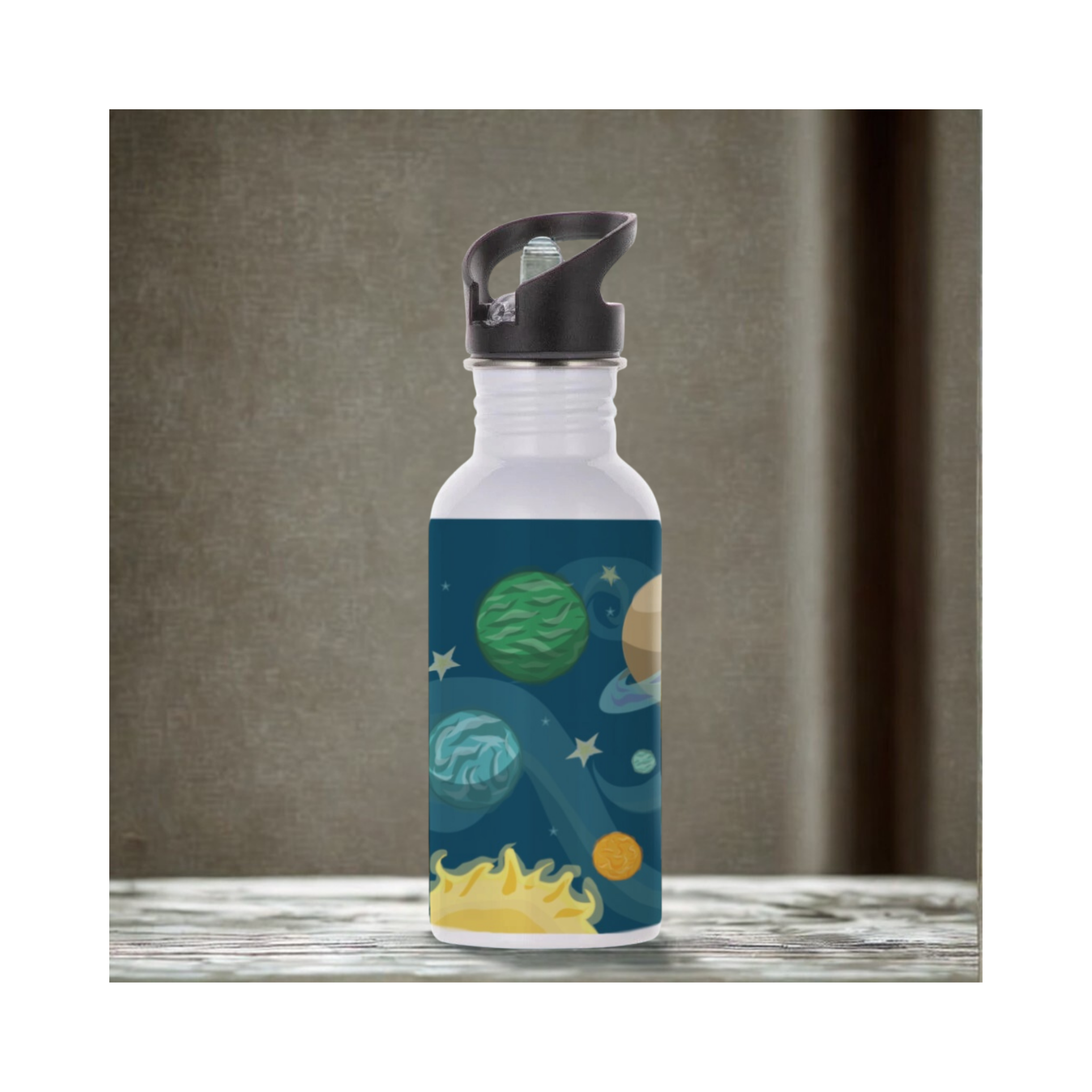 Planets Design Aluminium Water Bottle With Straw – 600ml