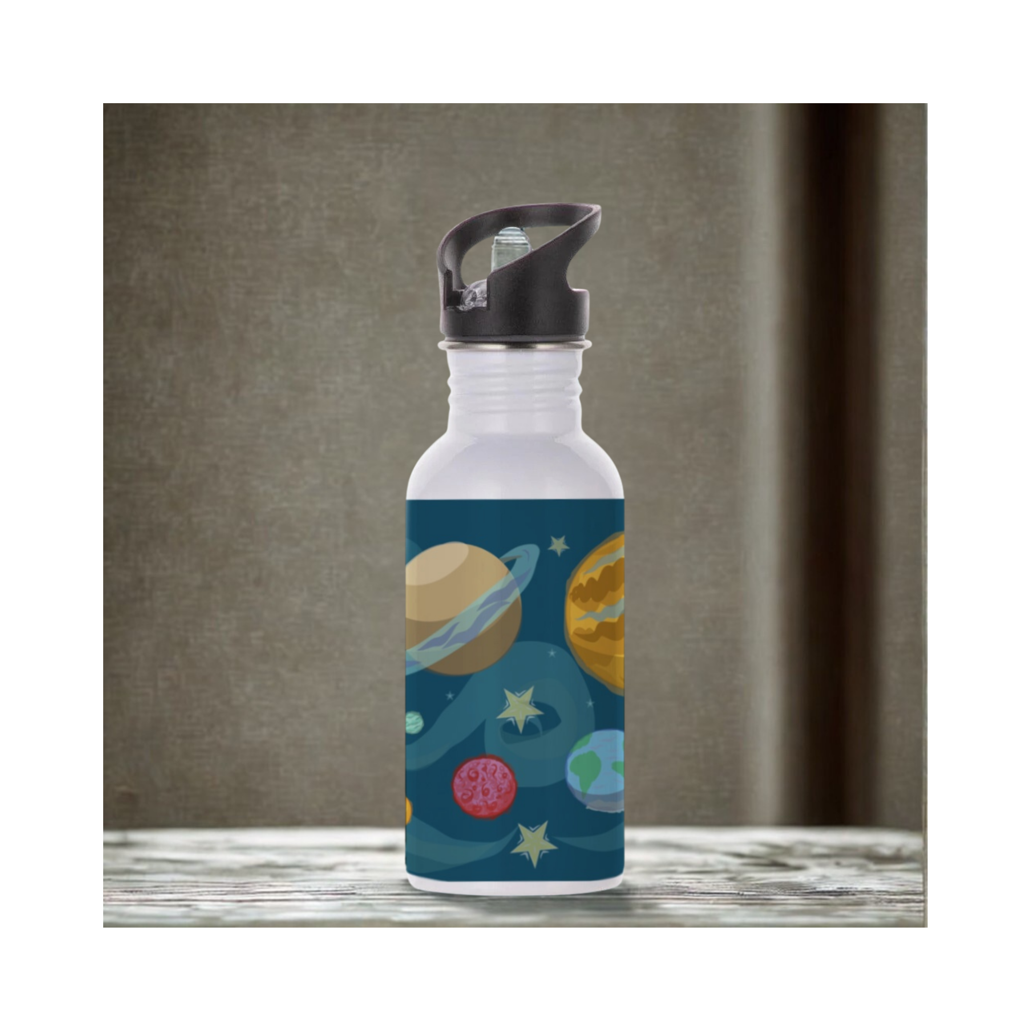 Planets Design Aluminium Water Bottle With Straw – 600ml